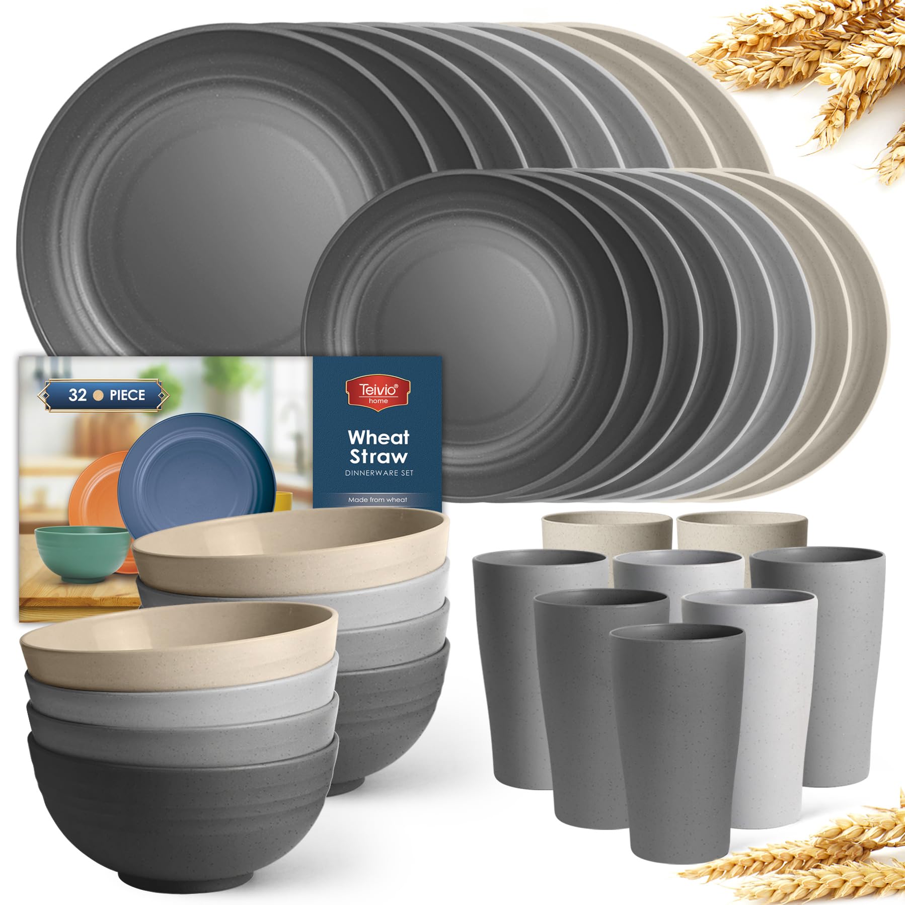 Photo 1 of Teivio 32-Piece Kitchen Plastic Wheat Straw Dinnerware Set, Service for 8, Dinner Plates, Dessert Plate, Cereal Bowls, Cups, Unbreakable Colorful Plastic Outdoor Camping Dishes, Gray Stone