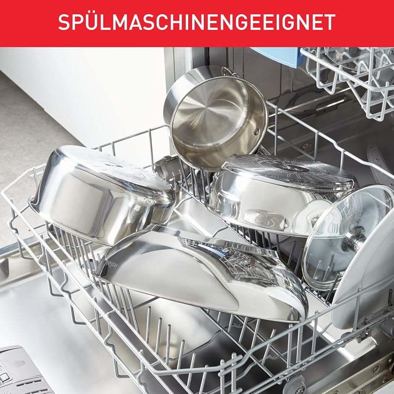 A70546 Duetto Kochtopf | 24 cm | induktionsgeeignet | einfache Reinigung in der Spülmaschine | Messskala | Glasdeckel zum Abgießen | Edelstahl