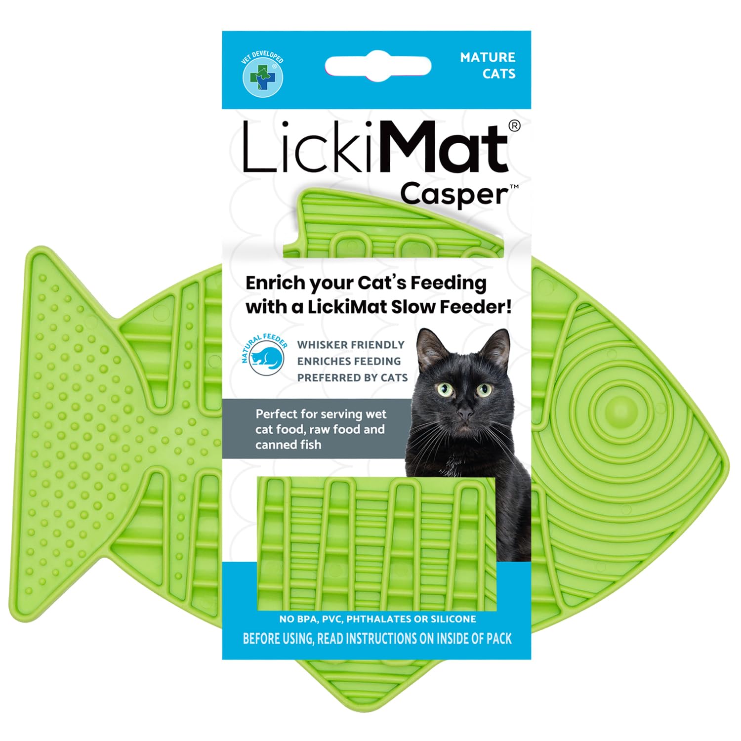 LICKIMAT Casper, Fish-Shaped Cat Slow Feeders for Feline Boredom and Anxiety Reduction; Perfect for Food, Treats and Anxiety Reduction, Green