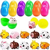 JIALWEN 12 Pack Easter Eggs Filled with Animal Pull Back Toy Cars, Easter Basket Stuffers Surprise Easter Gifts Hunt Theme Party Favors Classroom Prize Supplies