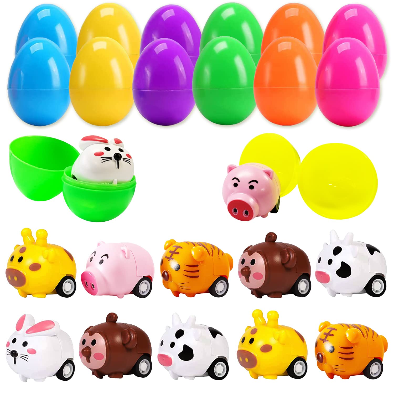 JIALWEN 12 Pack Easter Eggs Filled with Animal Pull Back Toy Cars, Easter Basket Stuffers Surprise Easter Gifts Hunt Theme Party Favors Classroom Prize Supplies