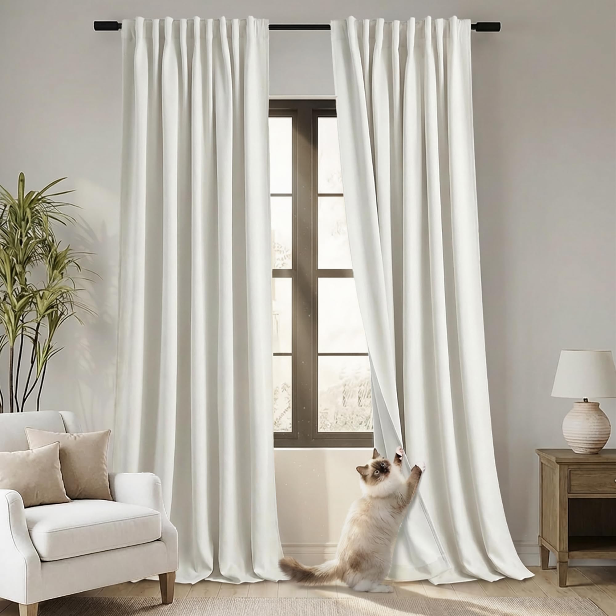 Photo 1 of 108 Inch Long Blackout Track Curtains & Drapes for Track System Pleated with Hooks Rings 2 Panels Set,Linen Black Out Back Tab 9FT Ceiling to Floor Length Curtains for Living Room,Cream Ivory