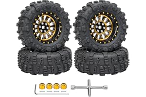LRFHL 1.3" Beadlock Wheel Tires Set Aluminum 1.3 Beadlock Wheels and Tires for 1/24 SCX24 1/18 TRX4M RC Crawler Car Upgrade (4PCS, Gold)