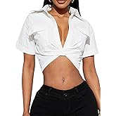 SUNNOW Women's Short Sleeve Crop Tops Collared V Neck Shirt Casual Blouse with Front Pockets and Elasticized Back Waistband