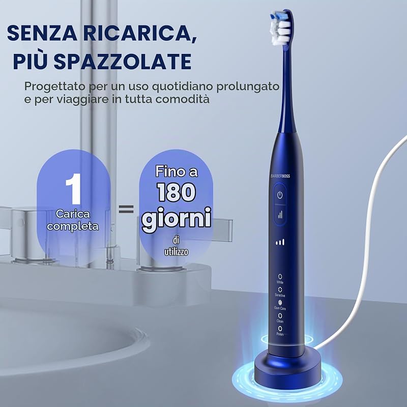 Spazzolino da denti sonico per adulti, ricaricabile con 5 modalità di pulizia, 3 livelli di intensità, sensore di pressione intelligente (Marina Militare)