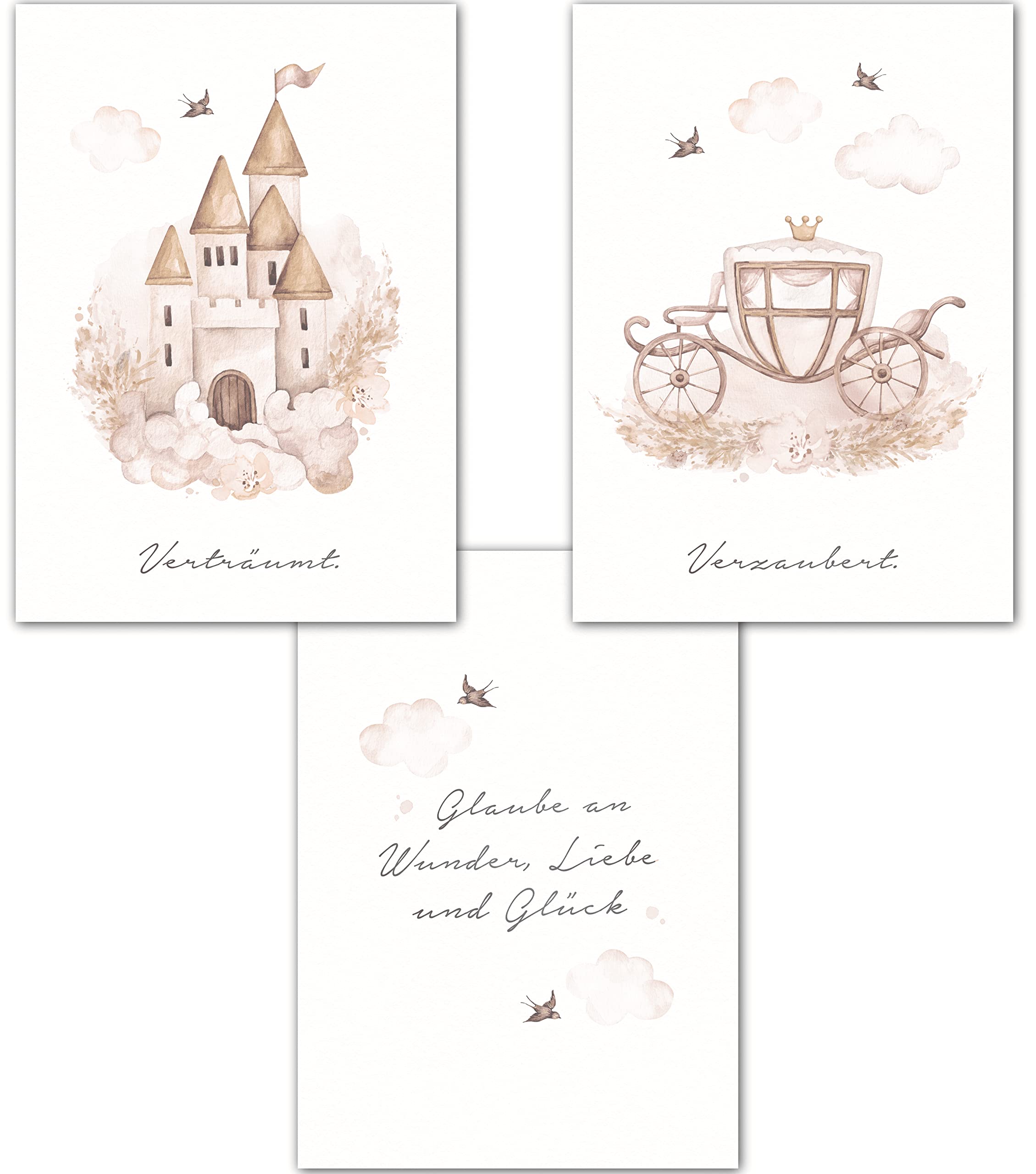 double critical Lemmami Papeterie Set of 3 Boho Decorative Wall Pictures Children's Room Baby Room Poster Pictures Girls Boys (Fairy Tale Castle Carriage Princess)