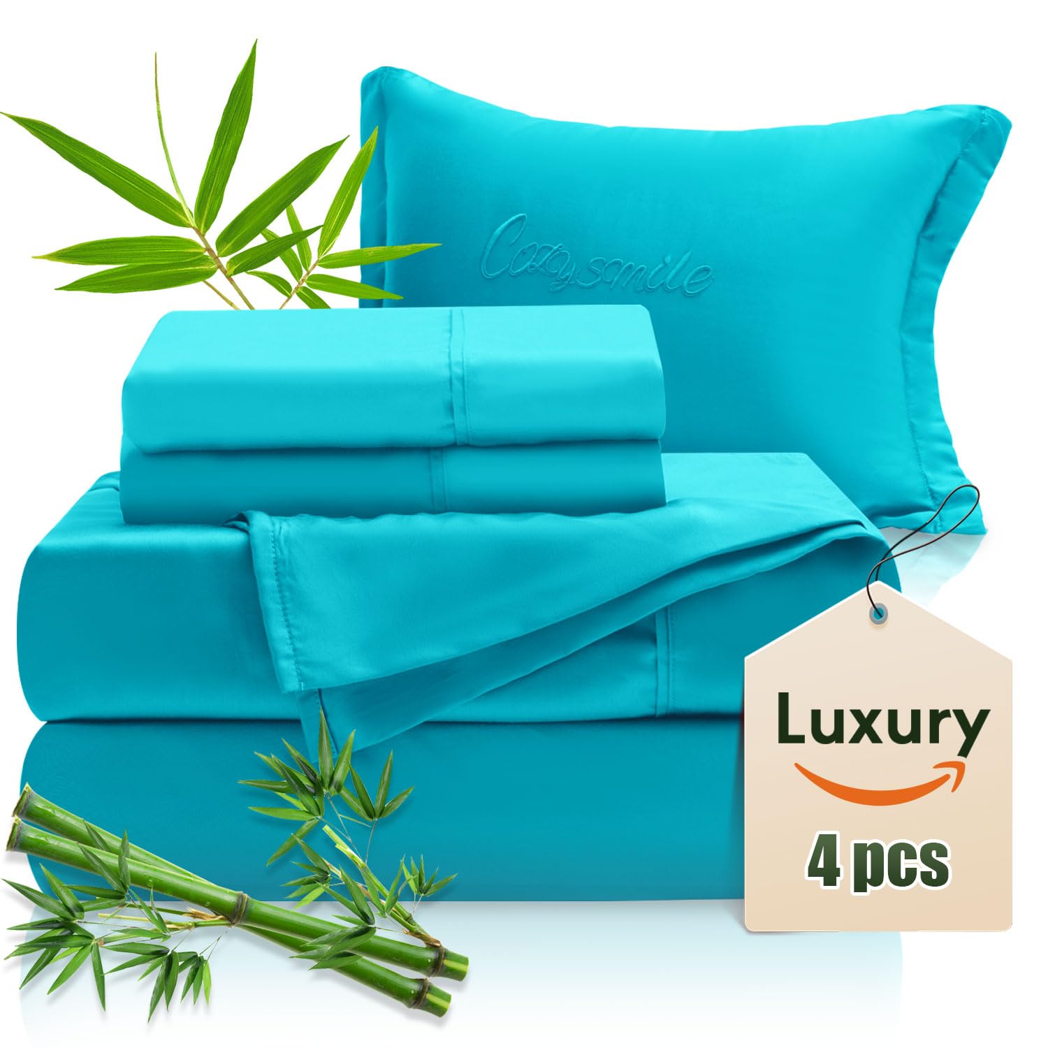 Photo 1 of Luxury Sheets 100% Viscose Derived from Bamboo, 4pcs Cooling Sheet Set for Hot Sleeper, California King Size Bedding, 16" Deep Pocket, Teal