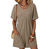 AlvaQ Rompers for Women Solid Color Casual Short Sleeve V Neck Zipper Short Jumpsuits with Pockets