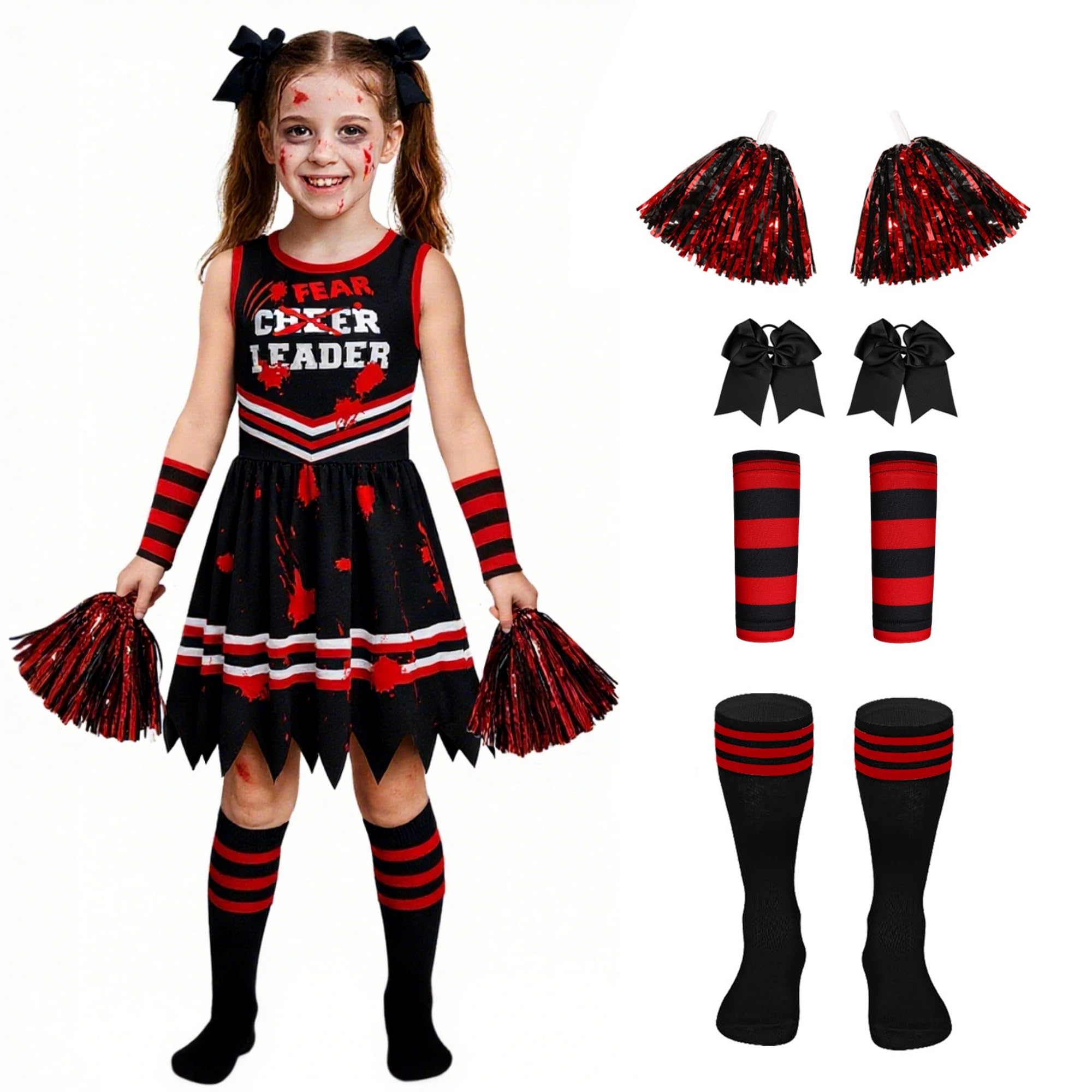 Photo 1 of ***************IS ONLY THE DRESS************
Peninpha Halloween Cheerleader Costume for Girls, Zombie Cheerleader Costumes Scary Bloody Fear Cheer Leader Outfit for Kids
