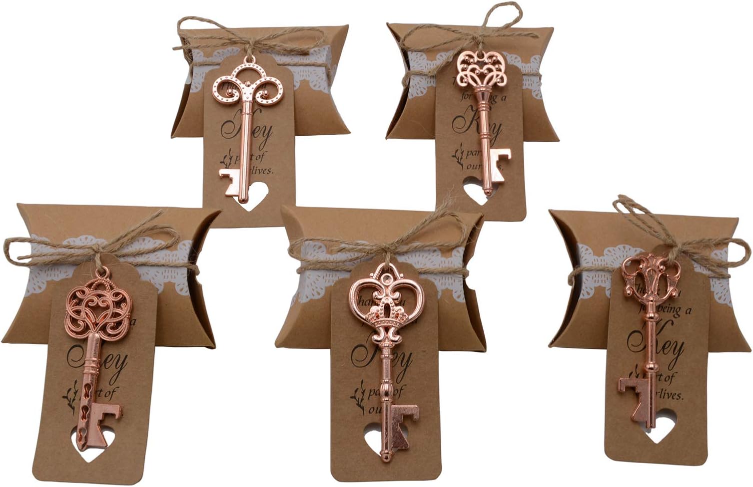 Wedding Favors for Guests 100 Pack Mixed Large Skeleton Key Bottle Openers (Rose Gold) with Tag and Pillow Candy Box and Twine Vintage Bridal Shower Favors Bottle Openers (100 pack Rose Gold)