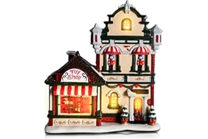 Aircity Christmas Ceramic Village House with LED Light, Handcrafted Holiday Decor for Tabletop and Desk, Shop Theme for Home Décor
