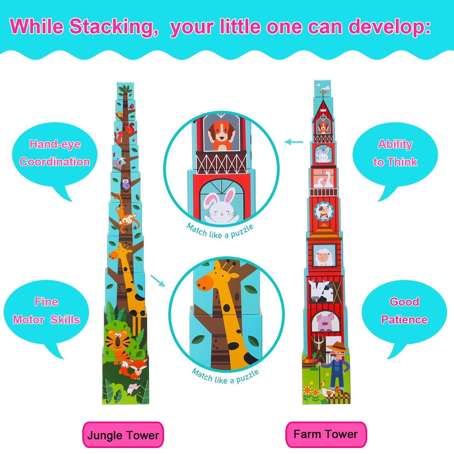 Animal Sorting and Stacking Blocks - Educational ABC & Numbers Toy for Babies and Toddlers - Montessori Learning Tower -10 Nesting Cubes Building Set - Ideal Present for Boys & Girls