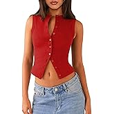 VOROFY Women's Button Down Tank Tops Cropped Ribbed Knit Summer Vest Sleeveless Slim Fit Y2K Going Out Tops