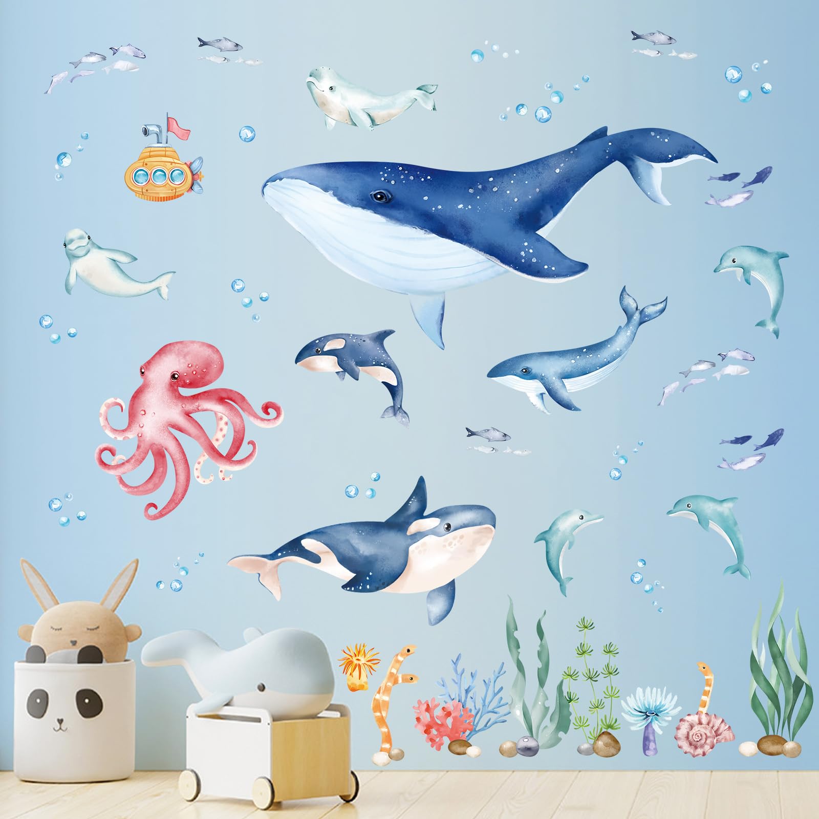 wondever Under The Sea Whale Wall Stickers Ocean Fish Dolphin Peel and Stick Wall Art Decals for Baby Nursery Kids Bedroom Bathroom