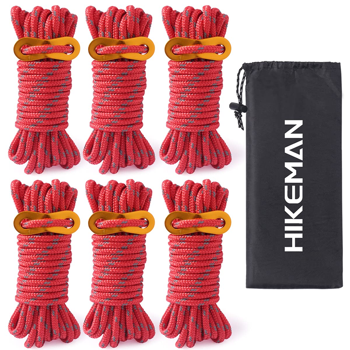 HIKEMAN 6pcs Reflective Tent Guy Ropes - 5mm Tent Guy Line Heavy Duty Guide Rope with Tensioner Adjuster for Outdoor Camping Hiking Awning Tarp Tents (Red)