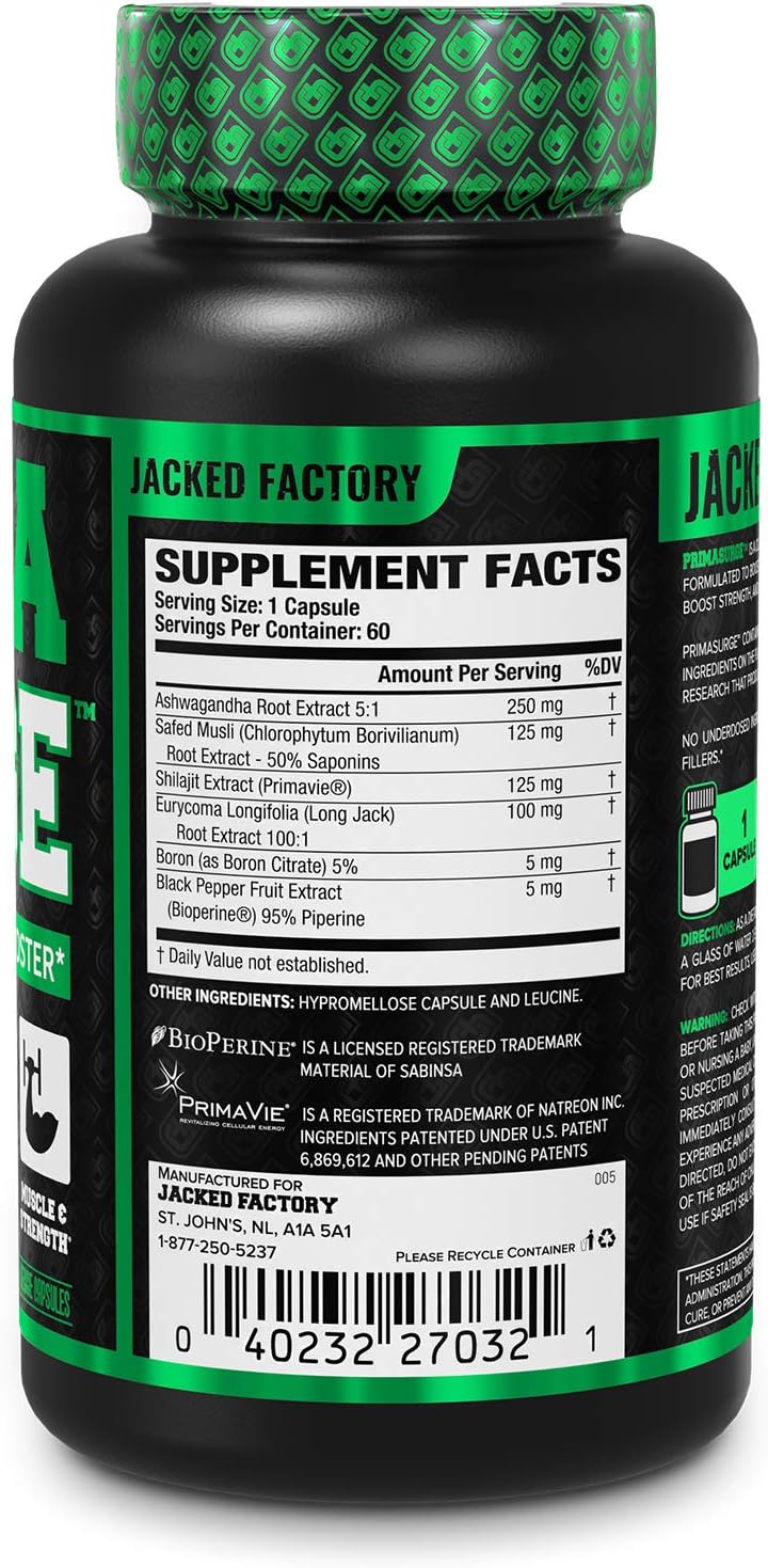 PRIMASURGE Testosterone Booster for Men - Boost Lean Muscle Growth, Strength, Energy & Fat Loss | Natural Test Booster Supplement w/ Premium PrimaVie, Ashwagandha & More - 60 Veggie Pills: Health & Personal Care