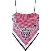 Women's Paisley Print Tie Back French Knot Hanky Hem Spaghetti Straps Handkerchief Cami Bandana Tube Crop Top
