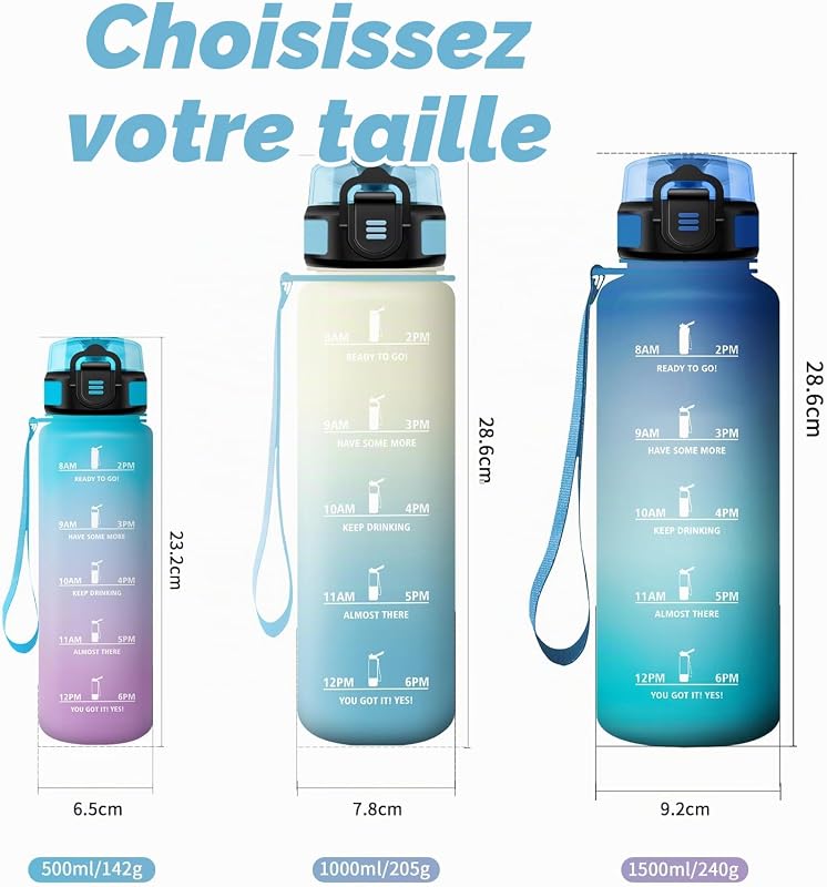 Bouteille d'eau 500ml, Gourde Motivation avec Marqueur de Temps, Étanche, Gourde avec Filtre, Voyage, Randonnée, l'école, Cyclisme, Fitness, Bureau