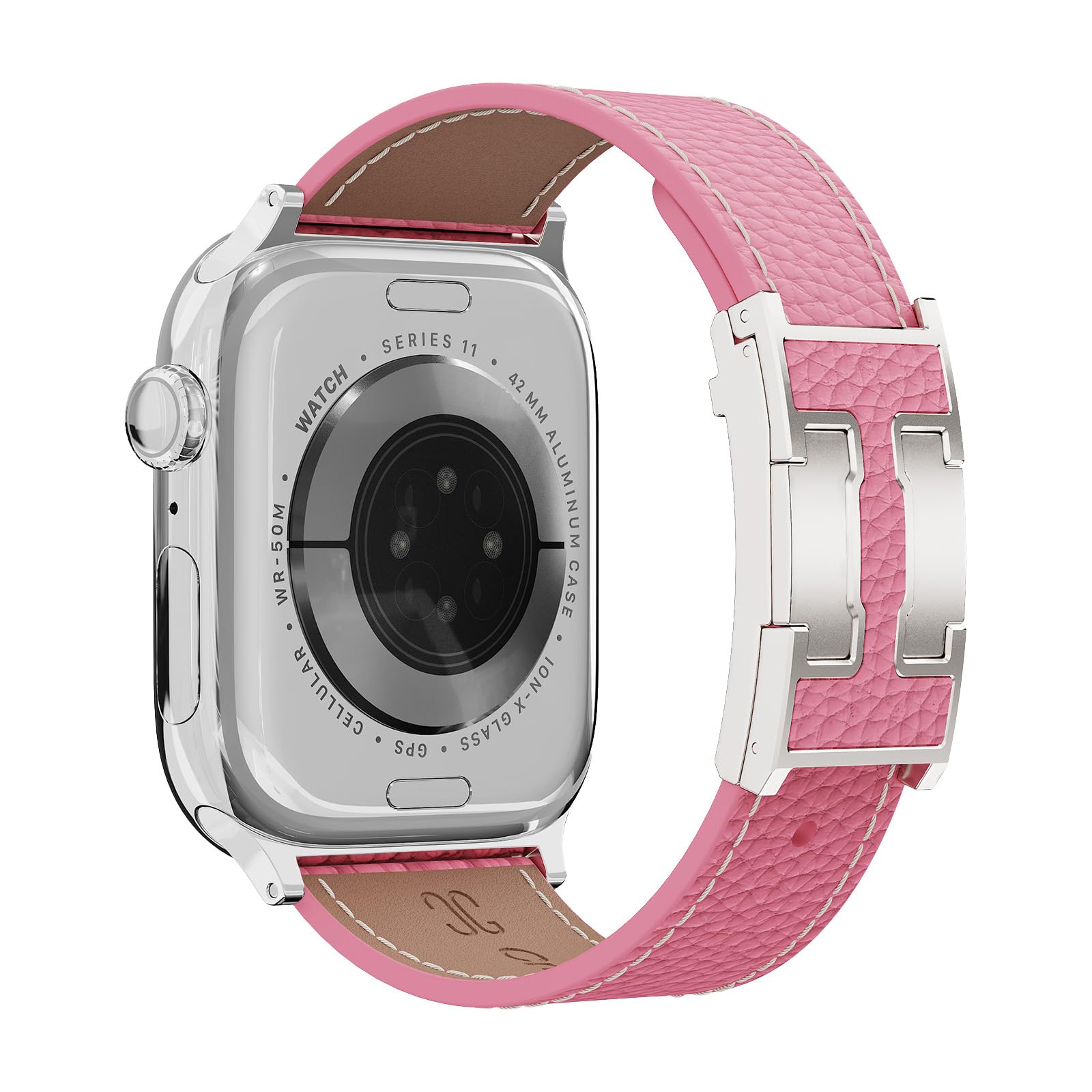 Leather Band Compatible with Apple Watch BandUltra 2 1 Series 10/9/8/7/6/5/4/SE,H-Shaped Buckle strap for iWatch 38/40/41/42/44/45/46/49mm Women Men (Pink Band + Silver H Buckle, 44mm 45mm 46mm 49mm)