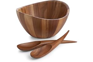 nambe Gourmet Harmony 3 Piece Wooden Salad Bowl Set | Big 12-Inch Salad Bowl with Serving Utensils | Acacia Wood Salad Tosser