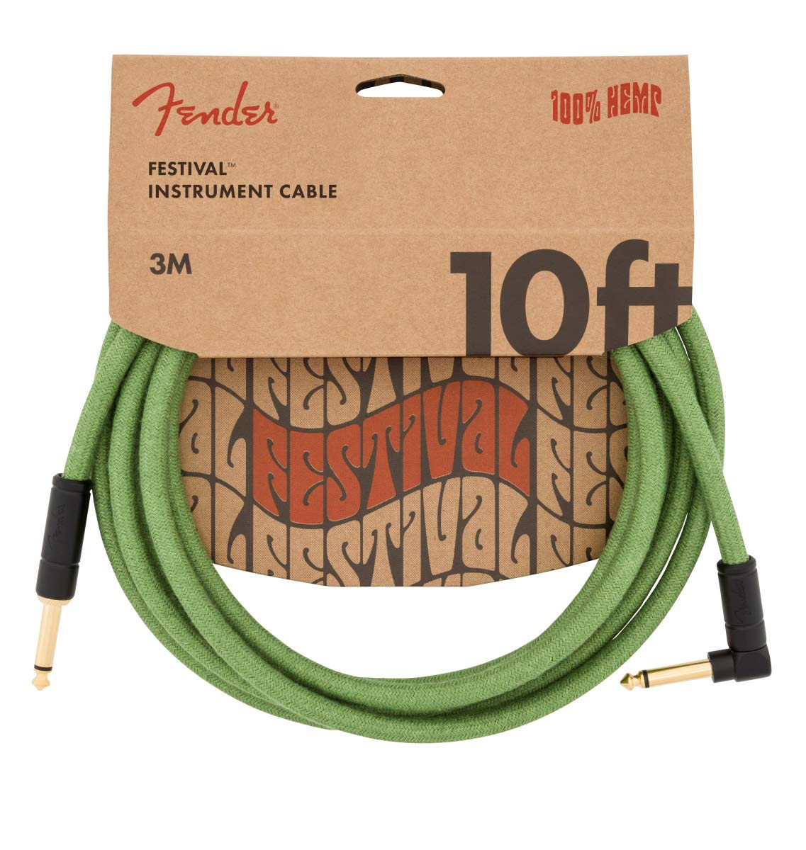 Fender 990910062 Festival - Hemp Instrument Cable - 10 ft (3m) - STR/ANG - Green