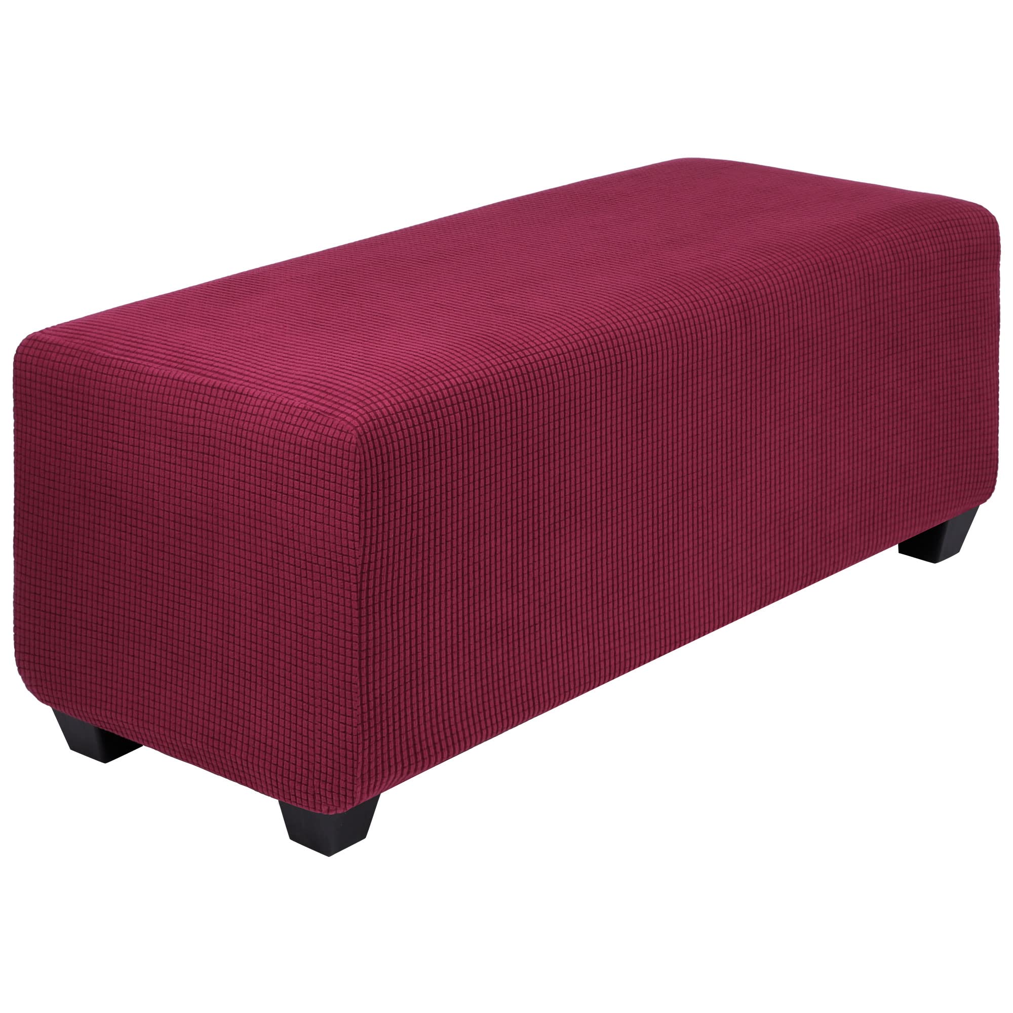 PiccoCasa High Stretch Ottoman Cover with Elastic Bottom, Soft Slipcover Jacquard Fabric Small Checks Rectangle Storage Stool Cover Furniture Covers Burgundy X-Large