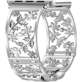 Duoan Floral Band Compatible with Apple Watch Jewelry Band 38mm 40mm 41mm 42mm iWatch Bands Series 11 10 9 8 7,Bling Crystal Bracelet Hollow Metal Strap,Fashion Women Wristband(38/40/41/42mm,Silver)