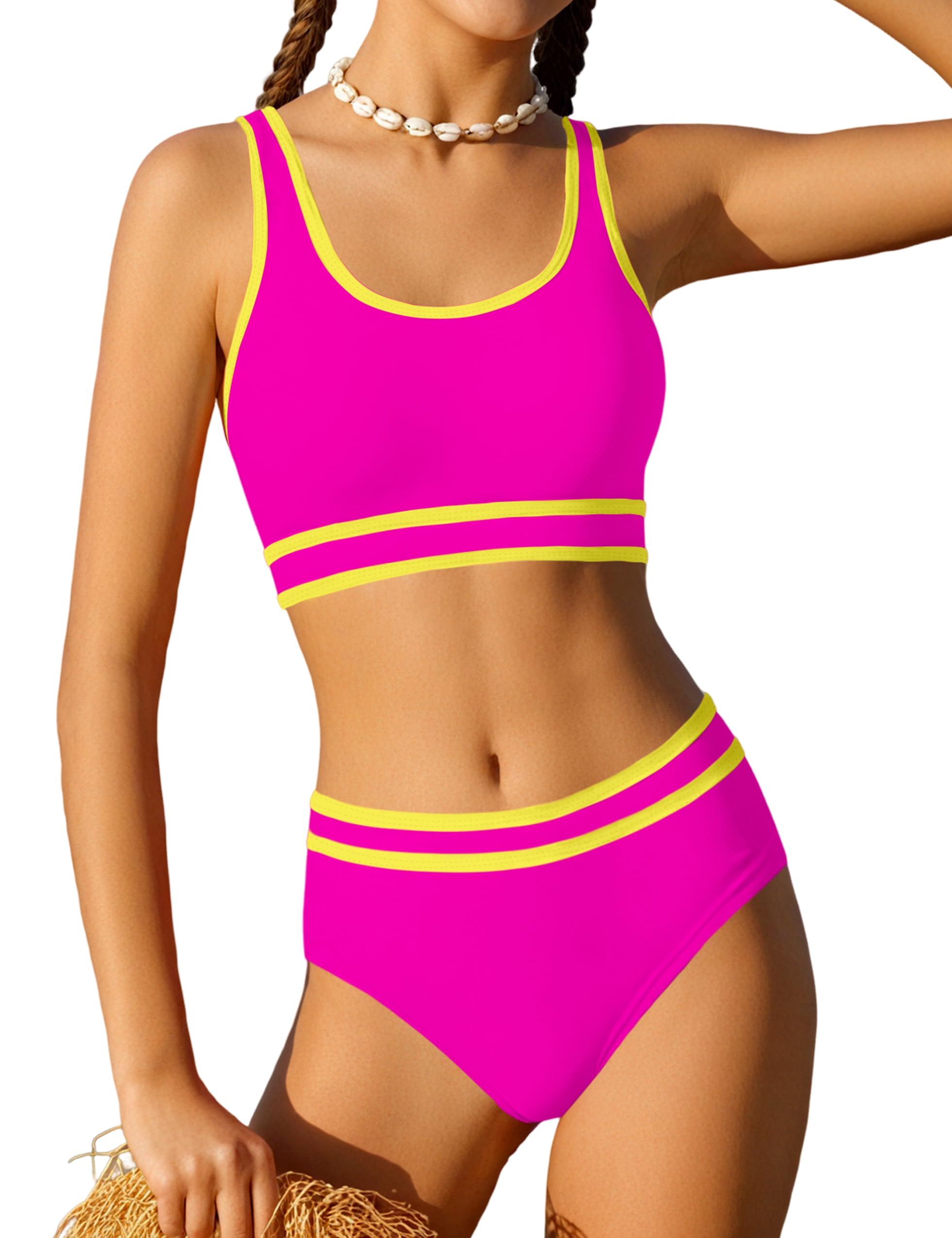 Photo 1 of Girls Swimsuit Size 10-12 Girls Bathing Suit Double Strap Pink High Waist Cute Sporty Bikini Teen Swimsuit Beach Swim Cover Up Skirt 3 Piece Swimwear Set