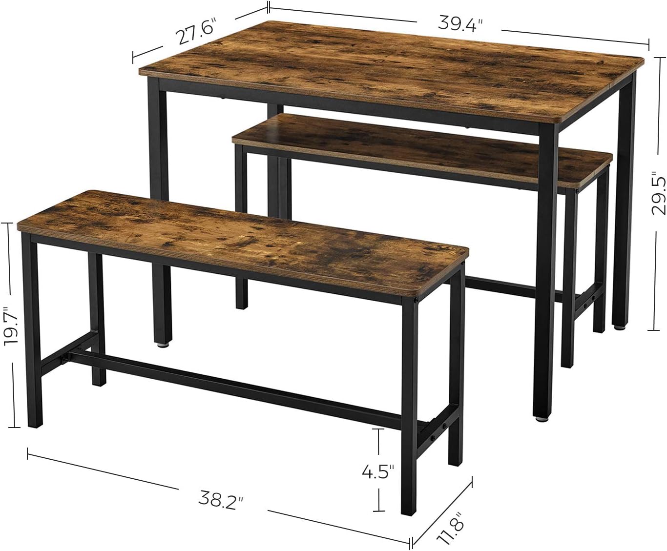 VASAGLE ALINRU Dining Table with 2 Benches, 3 Pieces Set, Kitchen Table of 39.4 x 27.6 x 29.5 Inches, Bench of 38.2 x 11.8 x 19.7 Inches Each, Industrial Design, Rustic Brown and Black UKDT070B01 - Table & Chair Sets