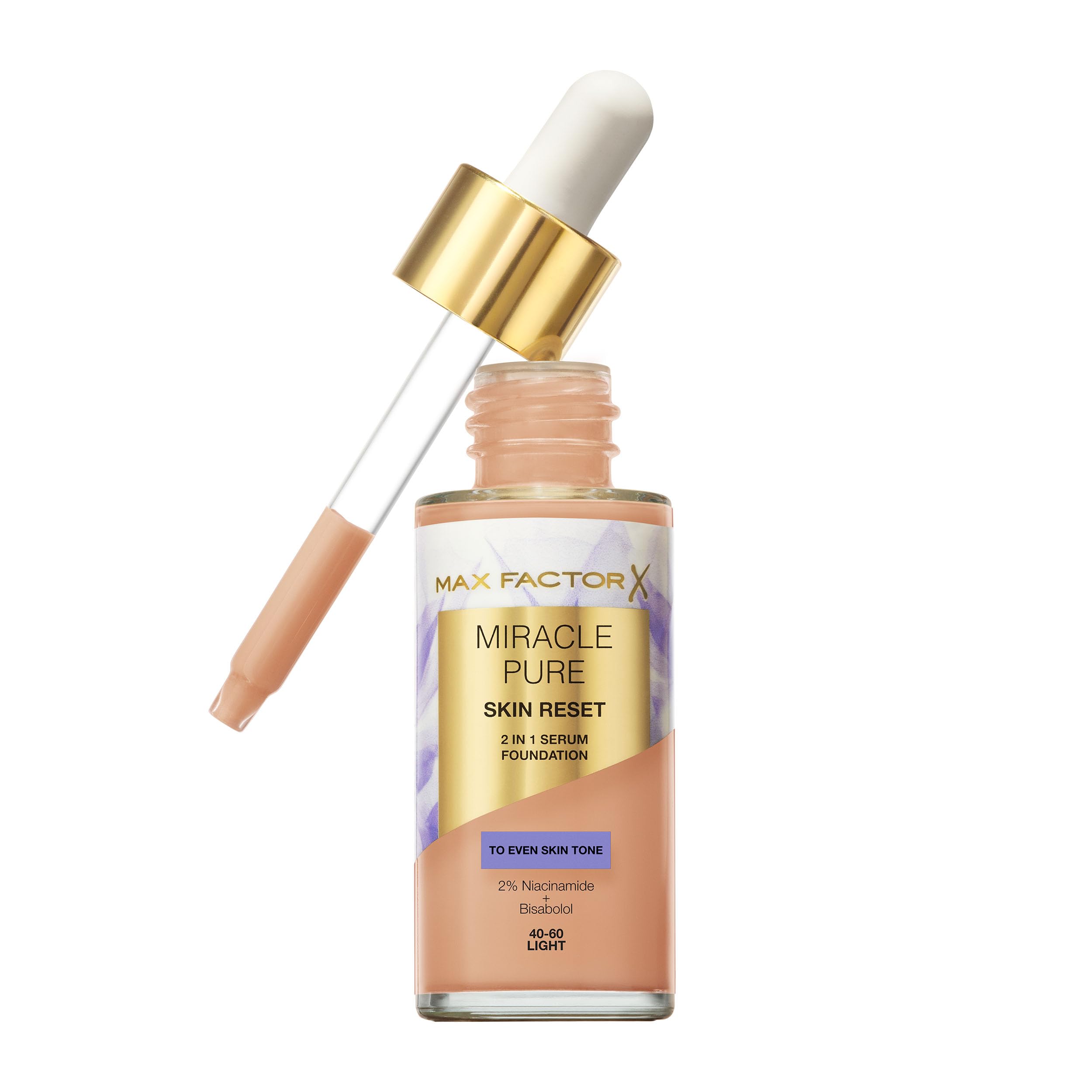 Max Factor Miracle Pure Skin Reset Serum Foundation 40-60 Light, 2-in-1 Serum Formula, Healthy Looking Skin, Medium Coverage, Satin Matte Finish, 2% Niacinamide, Dermatologically Tested