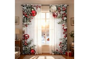 Christmas Ball Holiday Printed Curtains, 2 Pieces 2D Flat Printed Red Luxury Xmas Print Curtains with Snowflakes and Pine Bra