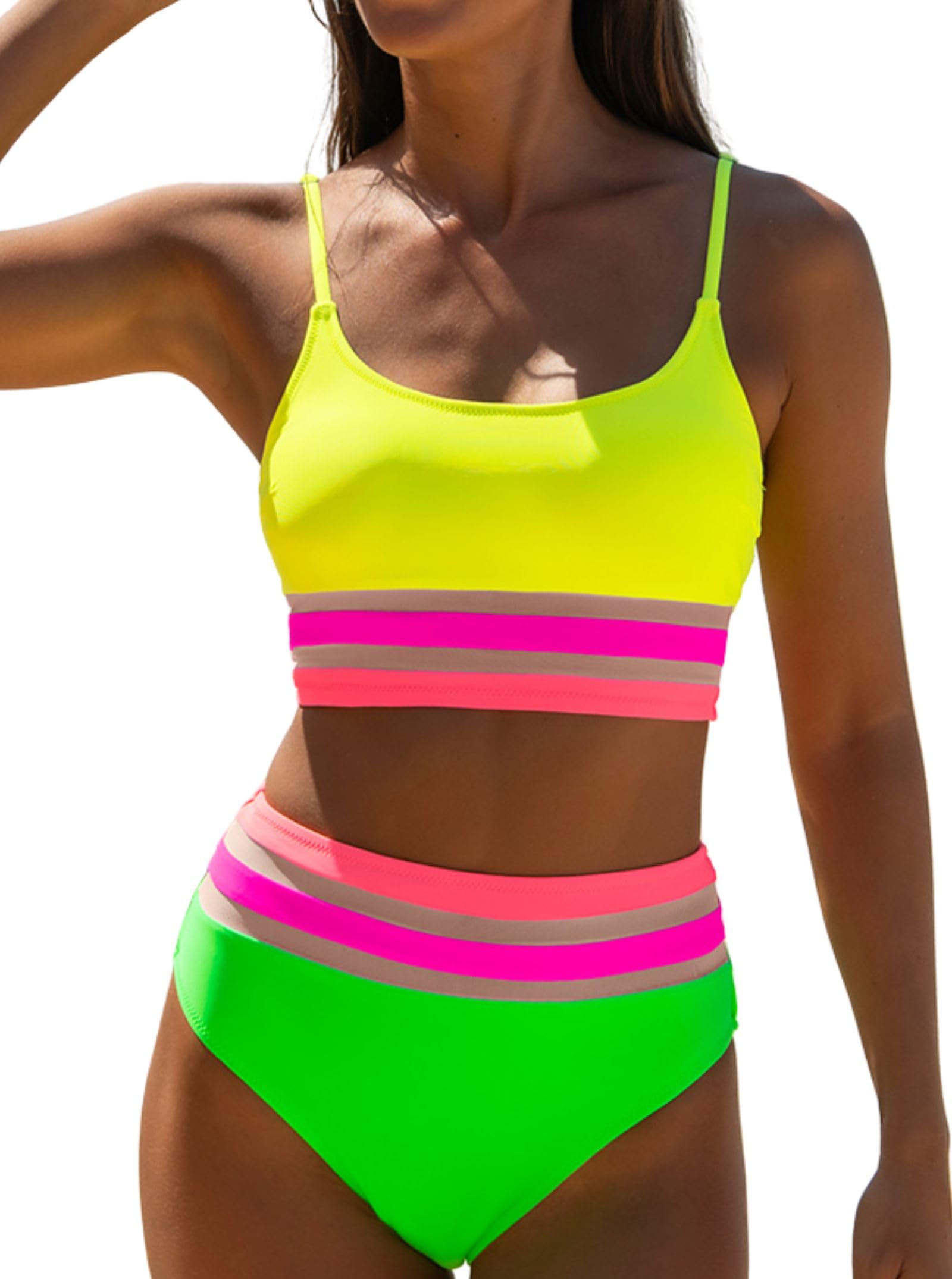 thumbnail image 2 of Popvil High Waisted Bikini Set For Women – Neon Floral Print, Tummy Control, Crisscross Back, 82% Polyester 18% Elastane 2 of 3