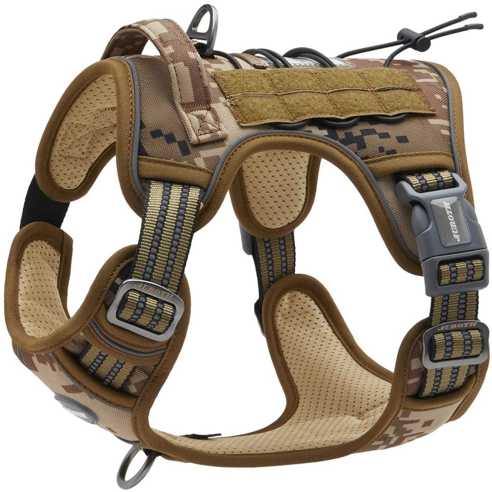 Auroth Tactical Anti Pull Dog Harness Adjustable Breathable Pet Vest Harness for Medium Large Dog Reflective Dog Harness Military Materials Size XL, Desert Camo