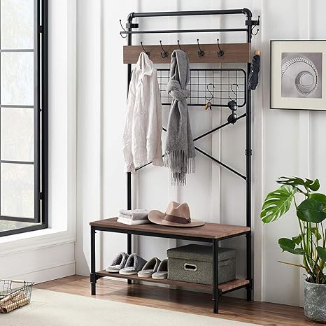 Amazon O K Furniture 工業用コートラック シューズベンチ 5イン1 玄関ホールツリー 靴収納棚付き 玄関ベンチ コートラックと吊り下げバー付き 素朴なブラウン仕上げ 収納用品 オンライン通販