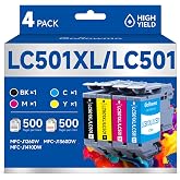 LC501XL LC501 MFC-J1360DW Ink Cartridges Compatible for Brother Printer 4PK | Compatible for Brother MFC-J1360DW MFC-J1410DW J1260W Printer, High Yield 500 Pages per LC501 Black Ink, 500 pages per Color