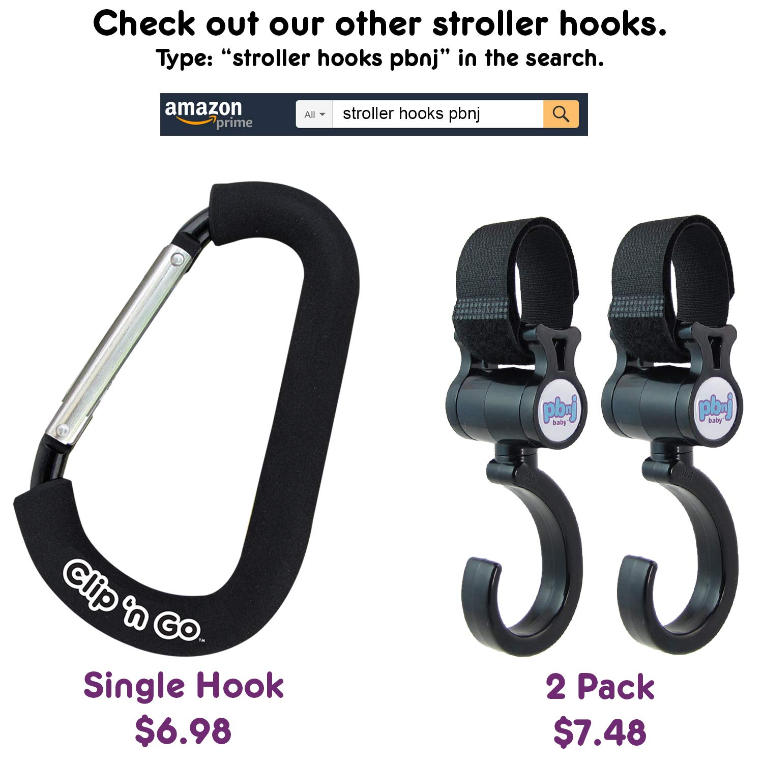 PBnJ baby Clip n Go - 2 Pack X-Large Stroller Organizer Hook Clip for Purse Shopping & Diaper Bags: Baby
