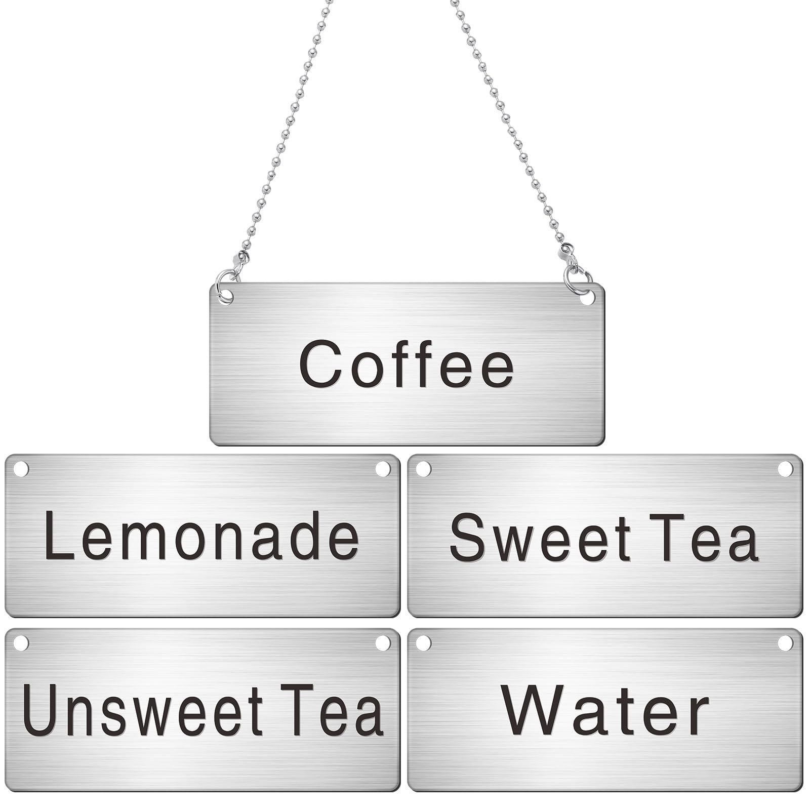 Photo 1 of Hicarer 5 Pcs Stainless Steel Chain Signs 3-1/2 x 1-3/8 Beverage Table Display Hanging Chain Sign(Coffee, Lemonade, Sweet Tea, Unsweet Tea, Water)