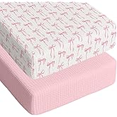 Breling 2 Pcs Muslin Pink Bow Crib Sheets for Girl Soft and Breathable 100% Cotton Crib Baby Bed Sheets Fitted Coquette Bow Mattress Cover for 52''x 28'' Standard Mattress Size