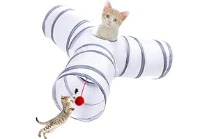 Deofun Cat Tunnel Tube Toys, Tunnels for Indoor Cats, 3 Way Colorful White Gray Collapsible Interactive Toy with Balls for Rabbits, Kittens, Ferrets, Puppy