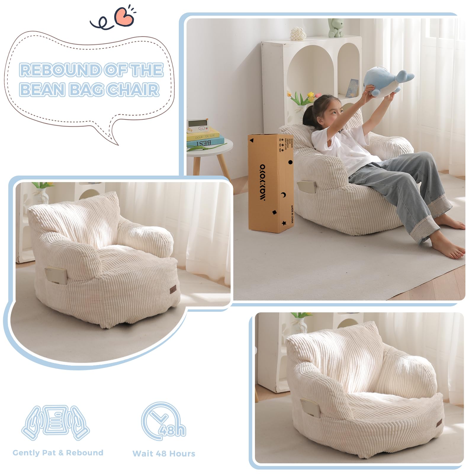 MAXYOYO Kids Bean Bag Chair, Stuffed Toddler Bean Bag Sofa with Filler Bean Bag Chair for Boys and Girls, Lazy Sofa with Pocket Floor Chair for Gaming, Reading, Beige