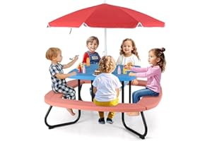 HONEY JOY Kids Picnic Table, 8 Person Toddler Outdoor Table and Chair Set, 4 Built-in Benches, Removable Umbrella, Metal Frame & HDPE Top, Children Outdoor Furniture for Backyard Patio Garden (Red)