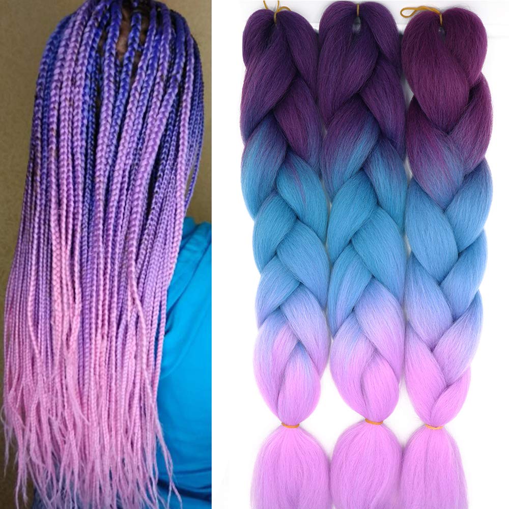 Cybelleza 24inch Jumbo Braids Hair Extensions Ombre Braiding Hair Synthetic 3Pieces/lot Crochet Twist High Temperature African Box Braids (Purple&Lake Blue&Light Purple)