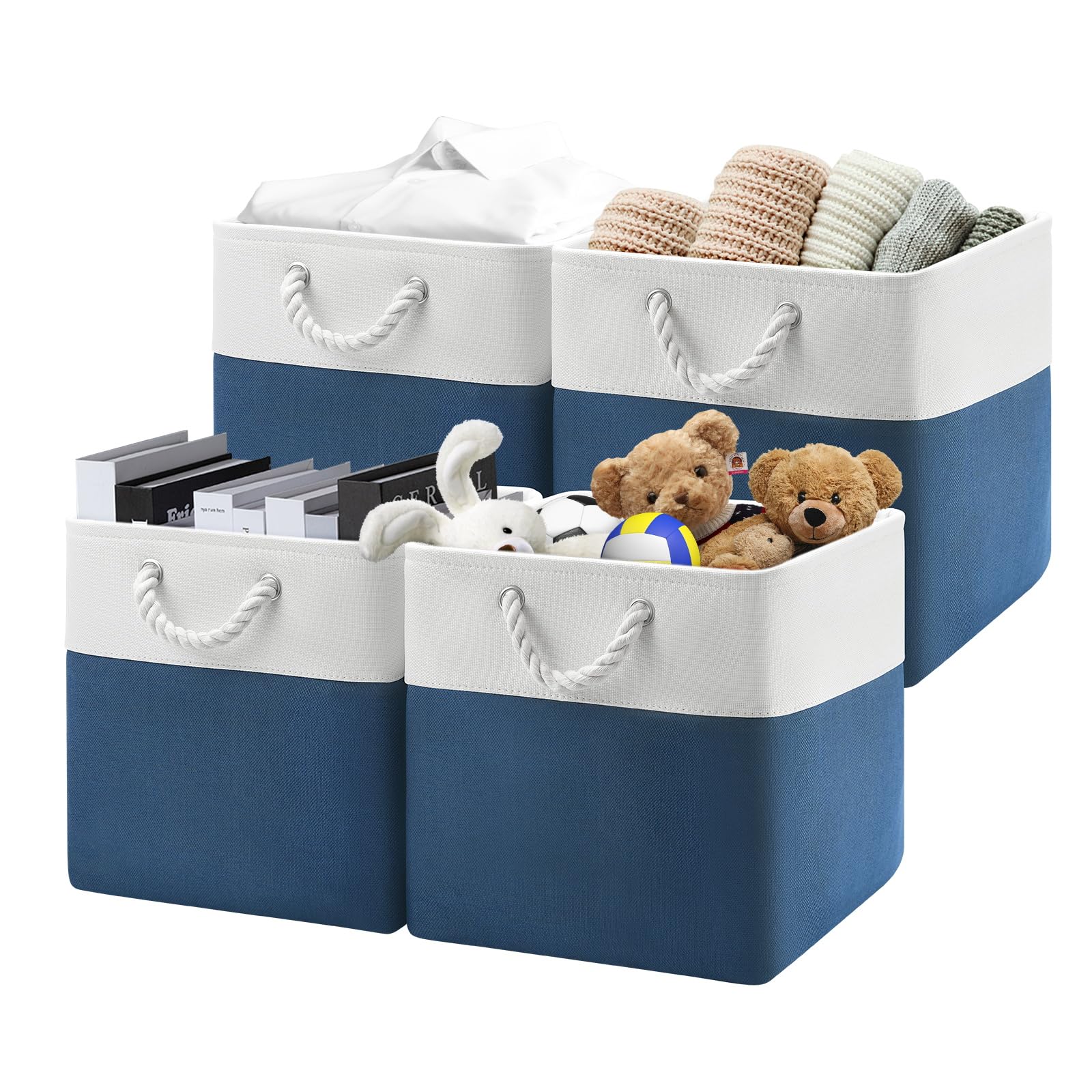 Photo 1 of Patvingot 13x13x13 Storage Cube Bins,Set of 4, Large Foldable Fabric Storage Cubes with Handles for Organizing Home, Closet, Clothes, Toy, Book, Office(White&Blue)