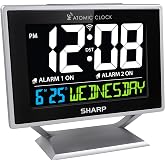 Sharp Atomic Alarm Clock, Auto Set, Color Display, Dual Alarm, Calendar | Always-on illuminated screen, day-of-week display, 3-step dimmer, weekday/weekend scheduling, snooze, easy-use controls