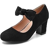 Women's Bow Mary Jane Low Block Chunky Heels Pumps Closed Round Toe Low Heels Ankle Strap Wedding Dress Evening Party Shoes