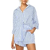 Women’s 2 Piece Outfits Sets Casual Oversized Relaxed Long Sleeve Shirt Loose High Waisted Side Pocket Shorts Set