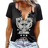 Rock Roll Criss-Cross Hollow Out T-Shirt Women Vintage Concert Rock Band Shirt Retro Country Music Short Sleeve Tops