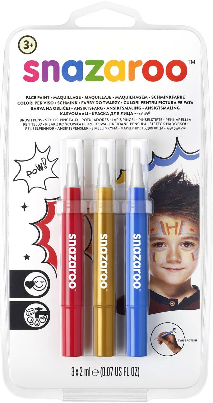 Snazaroo Face Paint Brush Pen, Adventure, Pack of 3, Safe and Non-Toxic, Precision Brush Nib, for Ages 3+