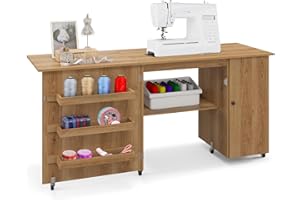 COSTWAY Sewing Machine Table, 62.5" x 20" Foldable Craft Station Table w/Lockable Casters, Storage Shelves, Bins & Single Door Cabinet, Multipurpose Sewing Machine Cabinet for Home, Bedroom (Brown)