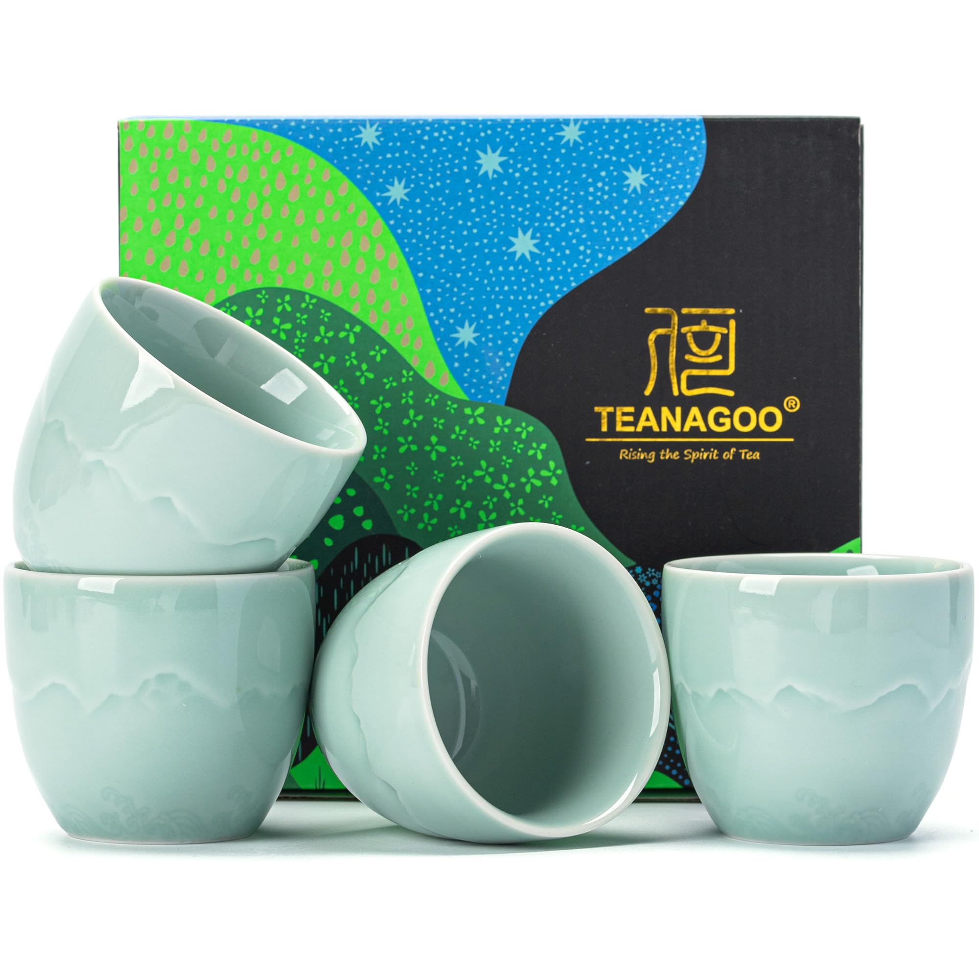 TEANAGOO Ceramic Japanese Tea Cup, 4 Pcs/Box, Occupied Japan Cups, Chinese Cup, Asian Cups no Handles,5.6 oz/ 160ml,Celedon Blue